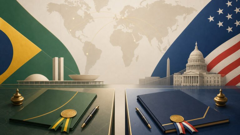 Ilustração editorial sobre relações diplomáticas entre Brasil e Estados Unidos