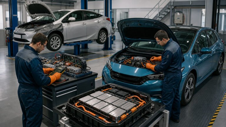 Ilustração de carro elétrico em manutenção em oficina especializada