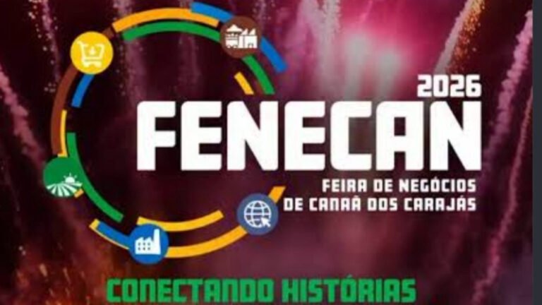 Ilustração de feira de negócios com estandes e empreendedores em Canaã dos Carajás