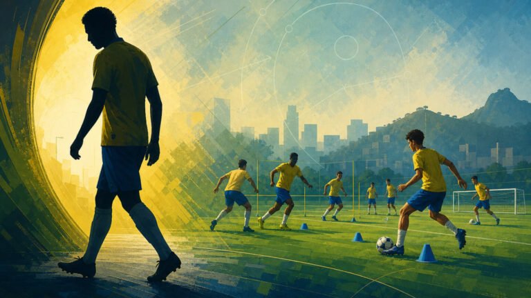 Ilustração editorial de um jogador diante de um campo de futebol e de uma convocação da Seleção Brasileira