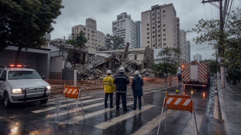 Ilustração de equipes de emergência diante de área isolada após colapso de construção urbana