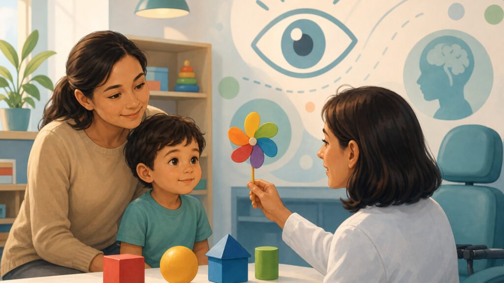 Ilustração editorial sobre avaliação visual e desenvolvimento infantil